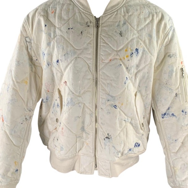 JOHN ELLIOTT Size XL White Navy Paint Splatter Cotton Bomber Jacket