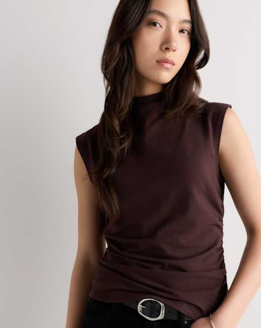 Chocolate Plum Brown Stretch Cotton Jersey Sleeveless Mock Neck Top