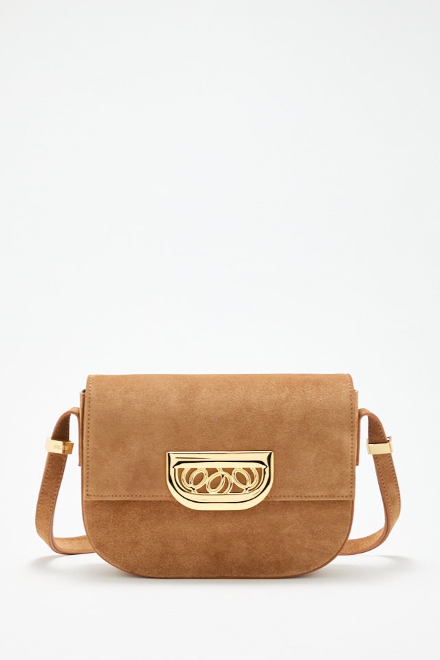 Brown suede crossbody bag with golden clasp