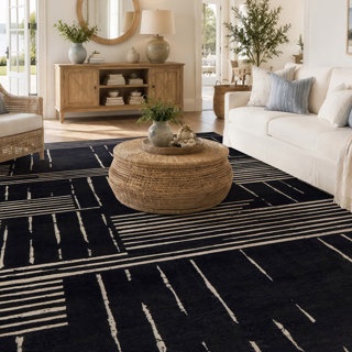 WAYFAIR BLOCK STRIPE BLACK MACHINE WASHABLE NON-SLIP BACKING AREA RUG