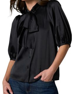 Tie Neck Elbow Length Puff Sleeve Top