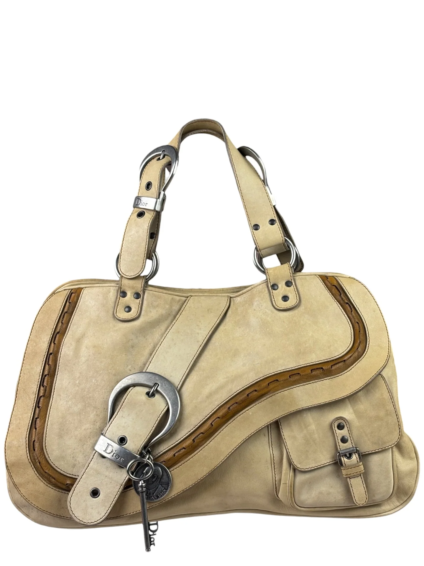 Christian Dior Beige Large Gaucho Double Saddle Shoulder Bag