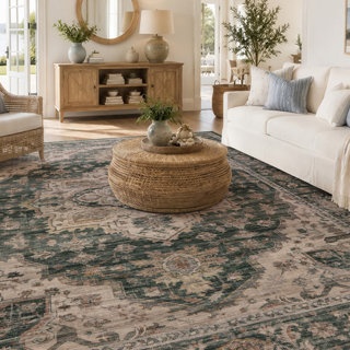 WAYFAIR VINTAGE MEDALLION SAGE GREEN MACHINE WASHABLE NON-SLIP BACKING AREA RUG