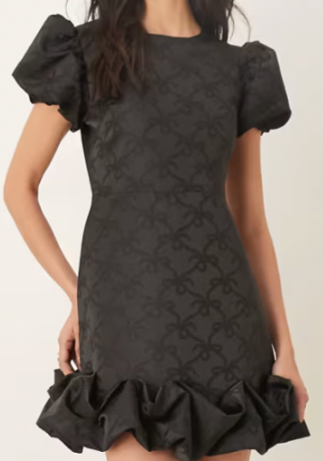Puff sleeve ruffle hem mini dress in black bow print