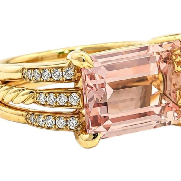 David Yurman Tides 18k Yellow Gold Emerald Cut Morganite w/ Diamond Ring