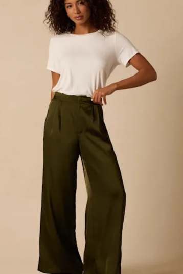 Bessah Olive Green Satin Wide Leg Mid-Rise Trouser Pants