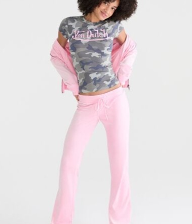 Von Dutch Rhinestone Low-Rise Velour Flare Leg Pants
