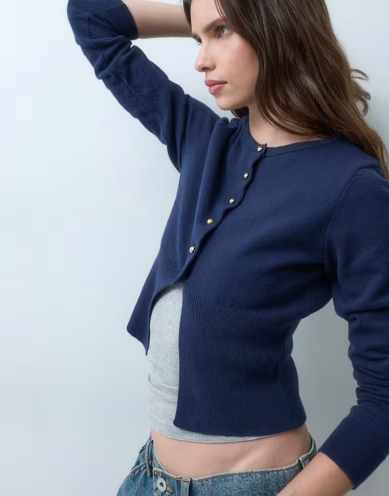 ASOS DESIGN knitted cinched button detail cardigan in navy