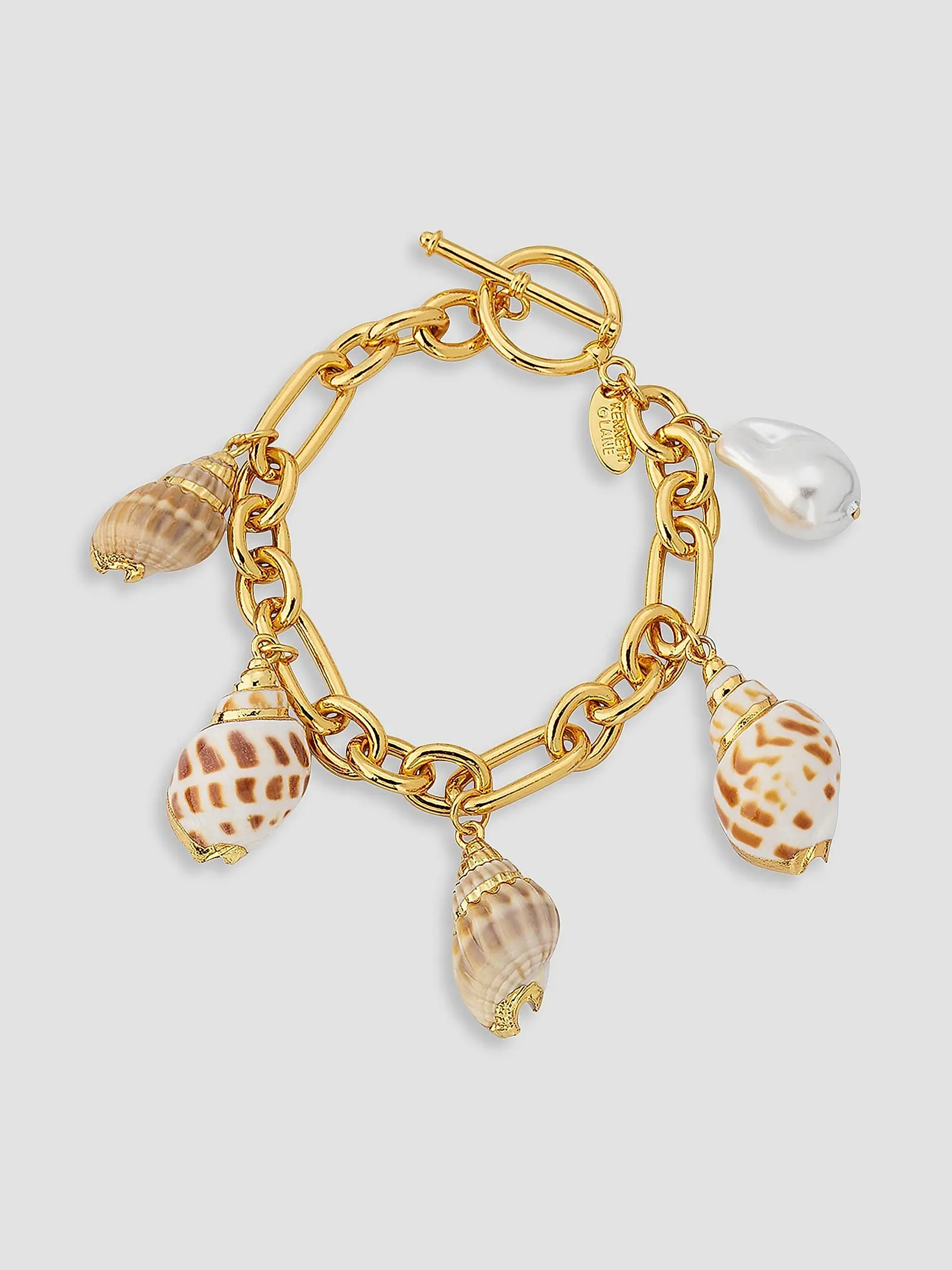 Kenneth Jay Lane Goldtone, Imitation Pearl & Shell Charm Bracelet
