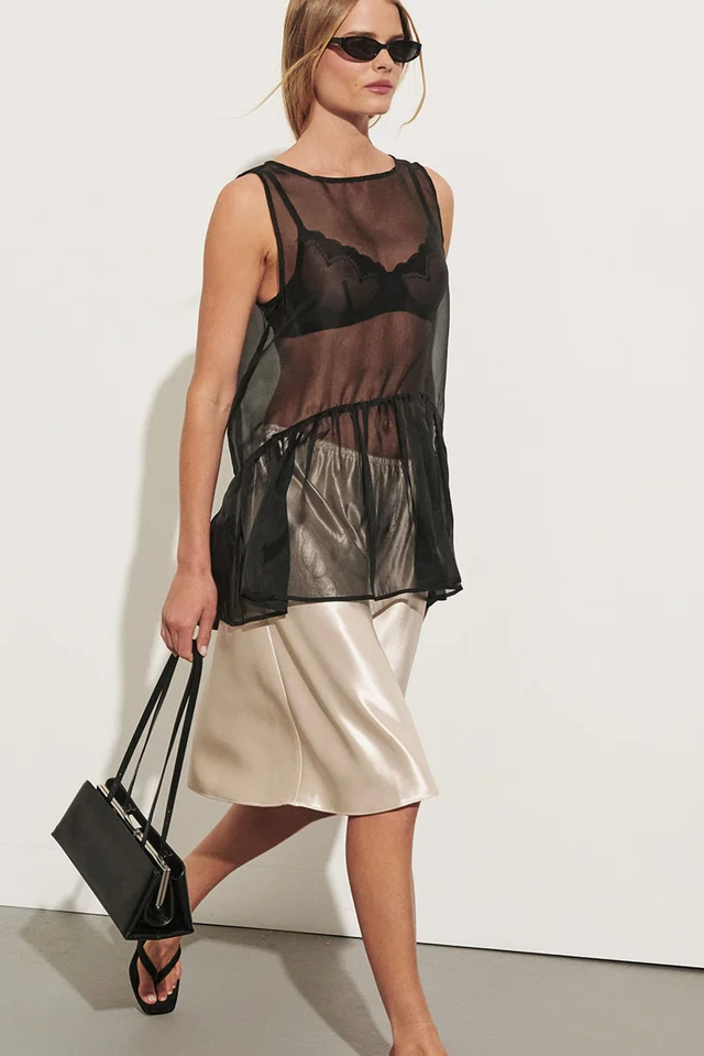 Sian Black Silk Organza Drop Waist Top