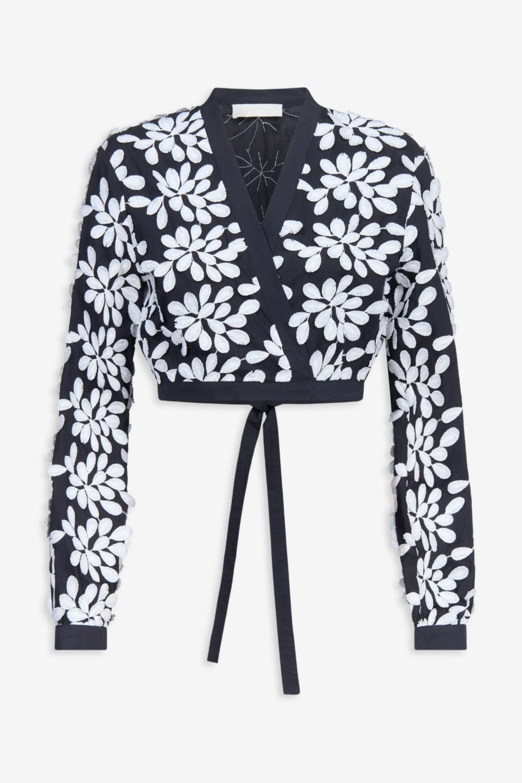Black and white embroided bow-tie cropped shirt