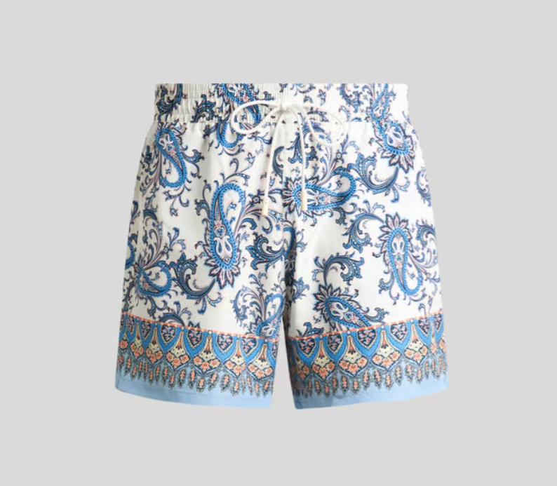 SWIM SHORTS WITH PLACED LEAFY PAISLEY PRINT