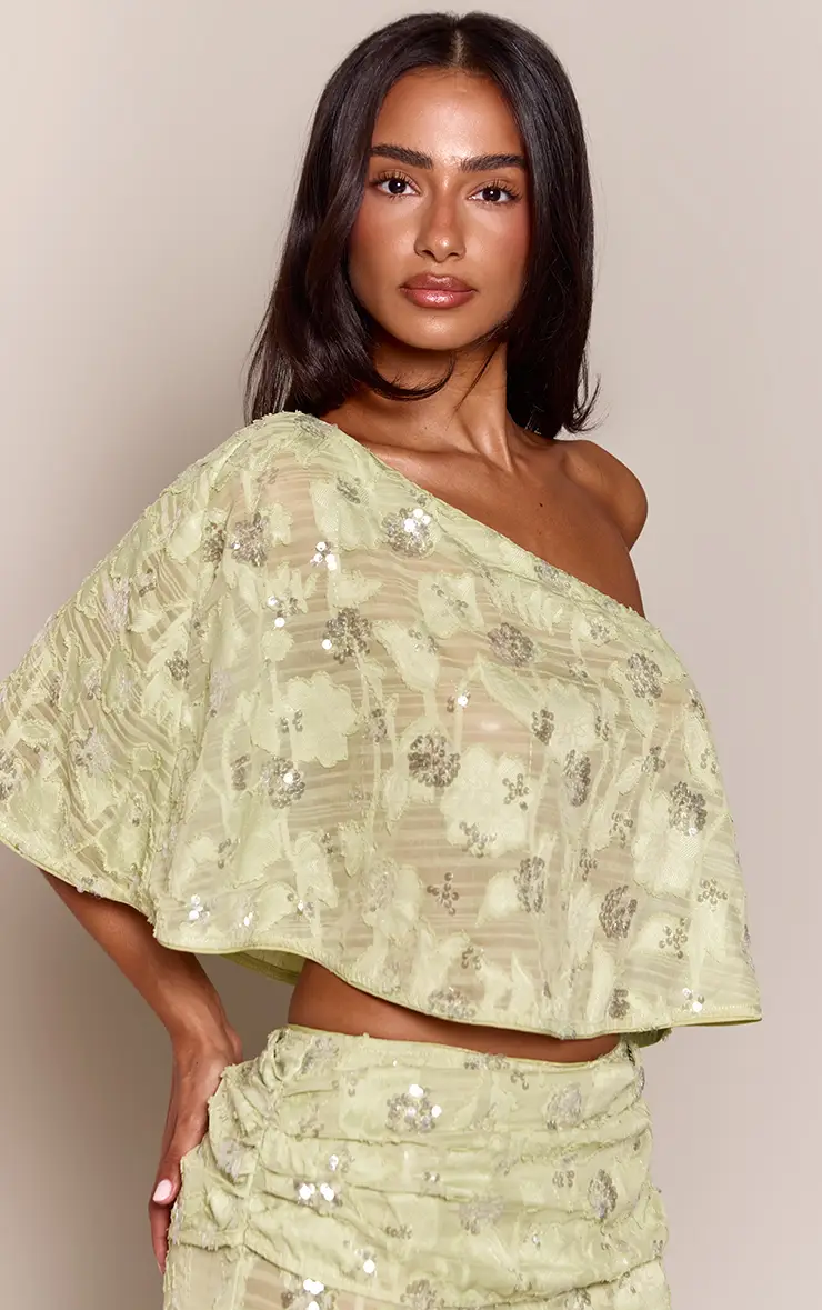 Petite Green Floral Sequin Textured Off Shoulder Cape Top Co-ord