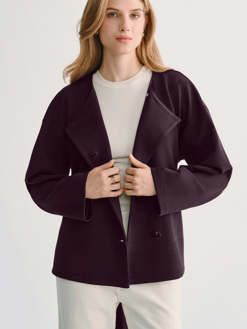 Bamboo-Blend Round Neck Long Sleeve Belted Jacket with Pockets