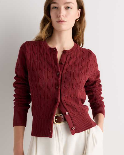 Deep Brick Red 100% Organic Cotton Cable Crew Cardigan