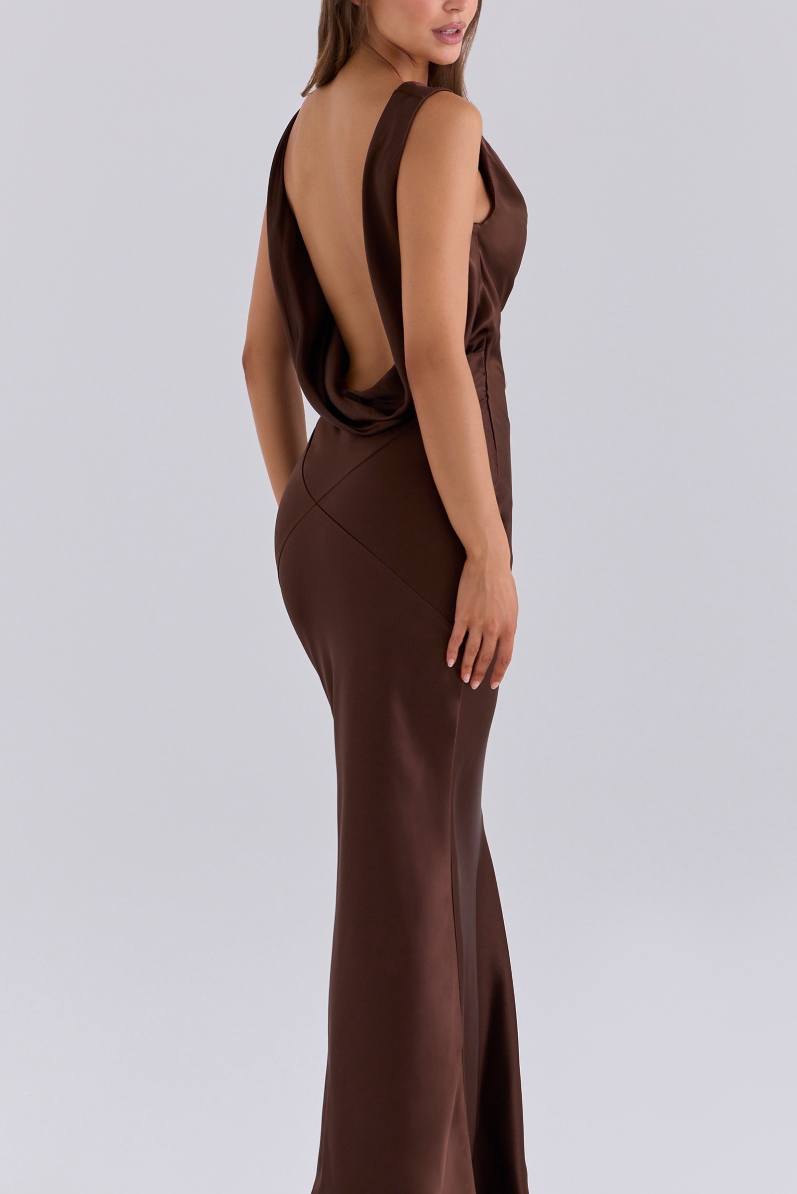 Safaira Chocolate Satin Draped Cowl Back Maxi Dress