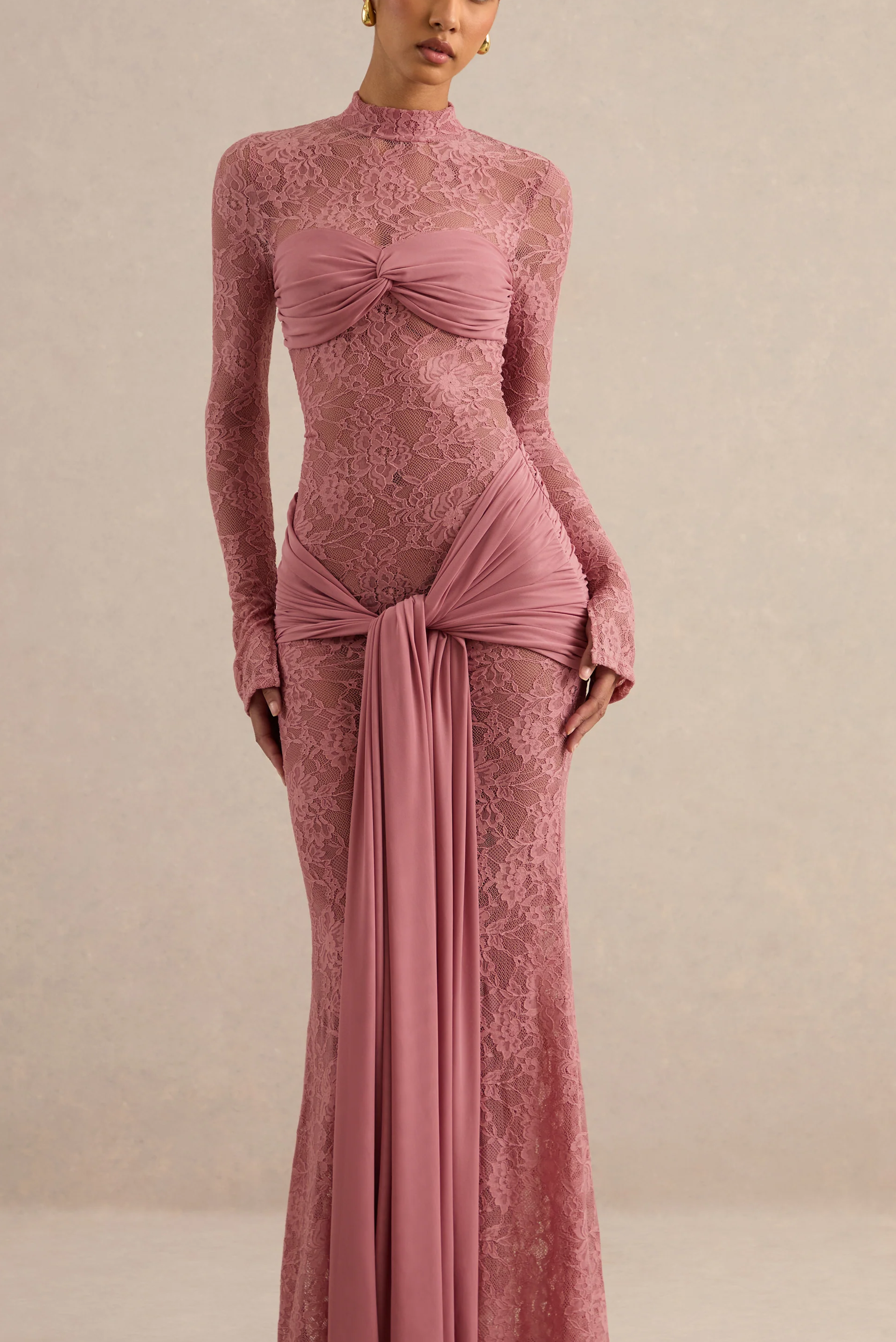 Blush Sheer Lace High Neck Long Sleeve Maxi Dress with Gathered Detailing and Sash