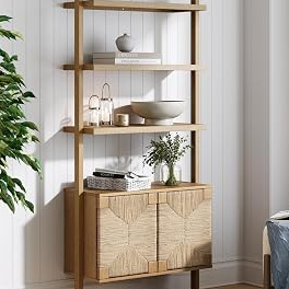 Nathan James Beacon 3-Shelf Solid Wood Bookshelf with Storage Cabinet, Bohemian Wall Mounted Shelf with Seagrass Door Fronts