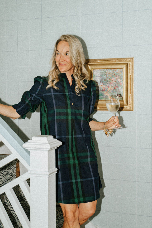 Percy Popover Dress in Navy Plaid