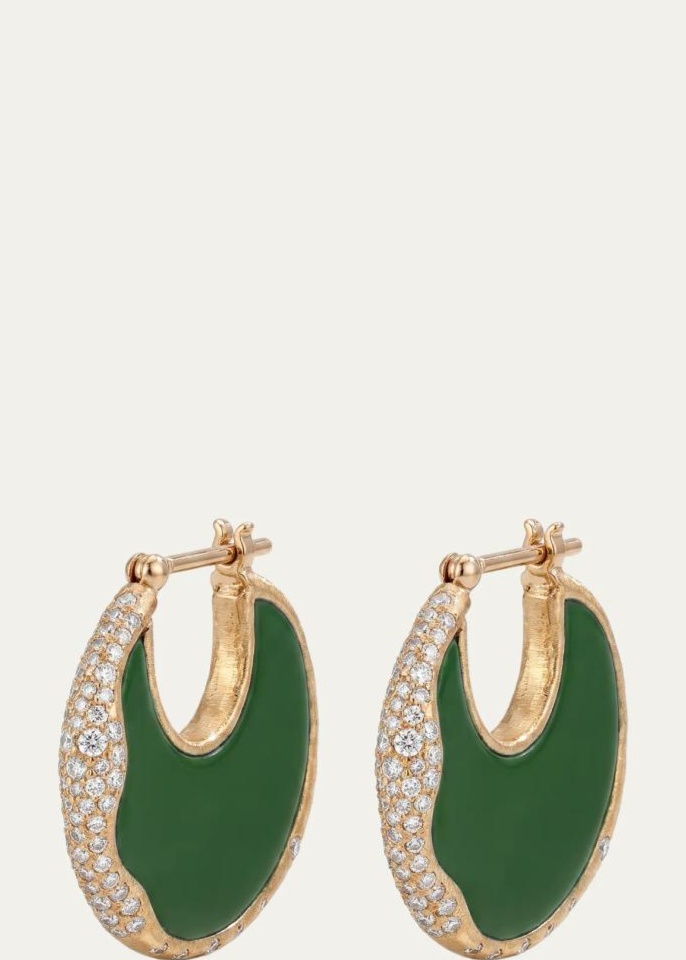 BERGDORF GOODMAN L'ATELIER NAWBAR 18K DIAMOND ARMOUR HOOP EARRINGS WITH GREEN ENAMEL
