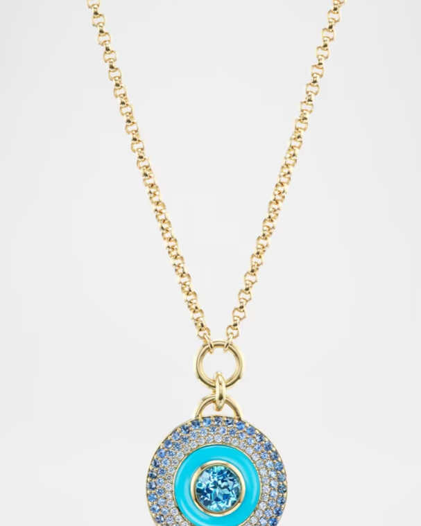 Water Medallion 18K White and Yellow Gold Necklace with Topaz, Sapphire and Turquoise