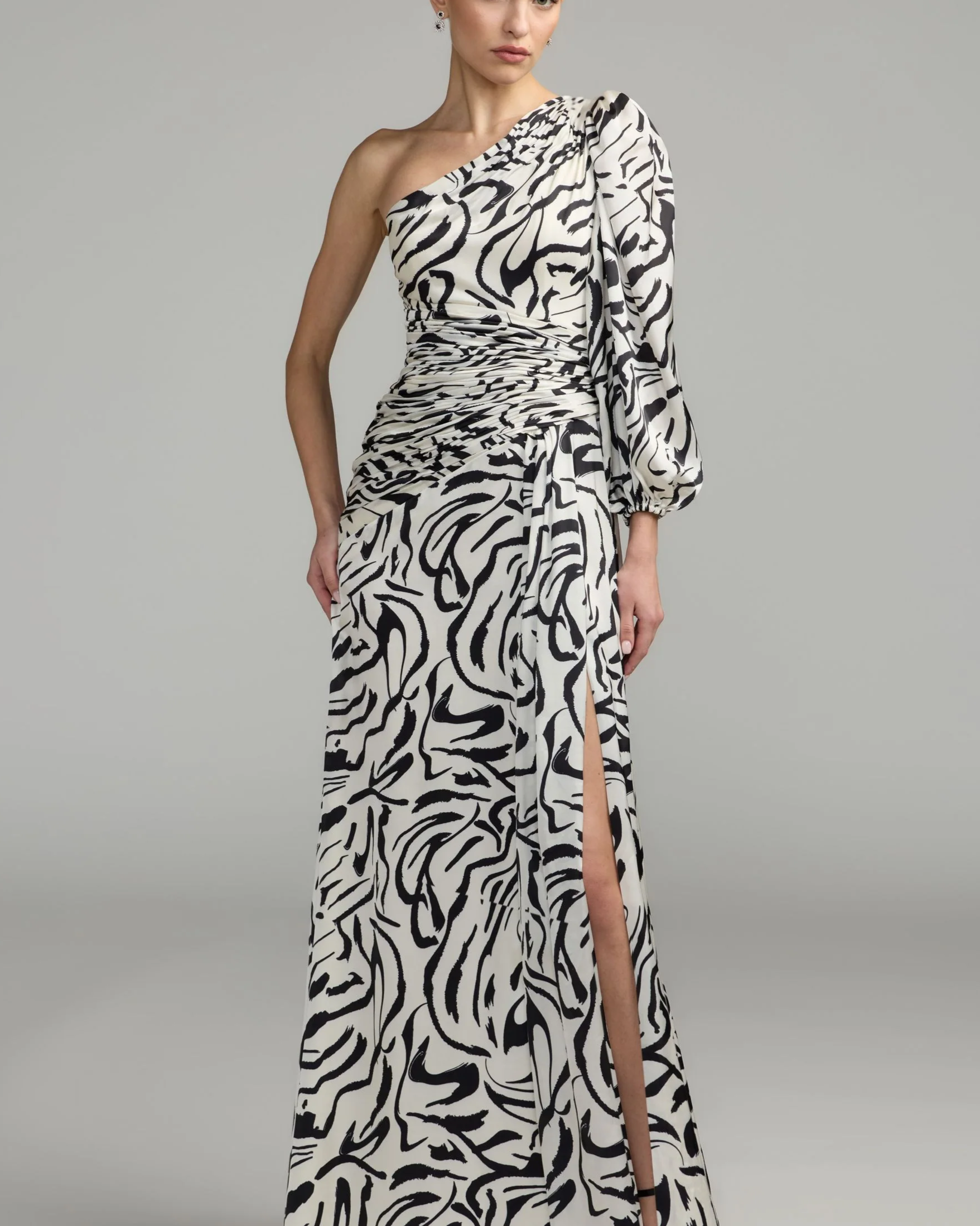 White Abstract Print One Shoulder Charmeuse Gown With Slit