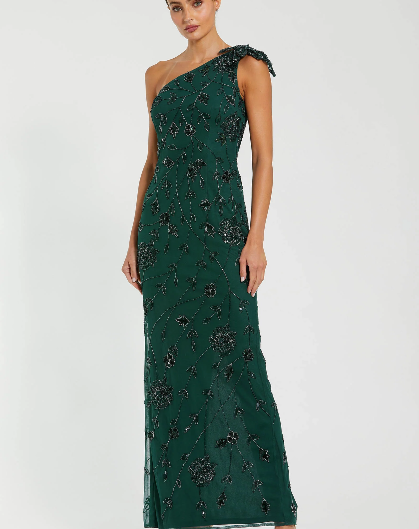 Green Floral Beaded One Shoulder Gown