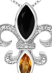 925 Sterling Silver Marquise Onyx and Citrine and Diamond Accent Fleur De Lis Pendant Necklace (H-I Color, SI1-SI2 Clarity) - 18"