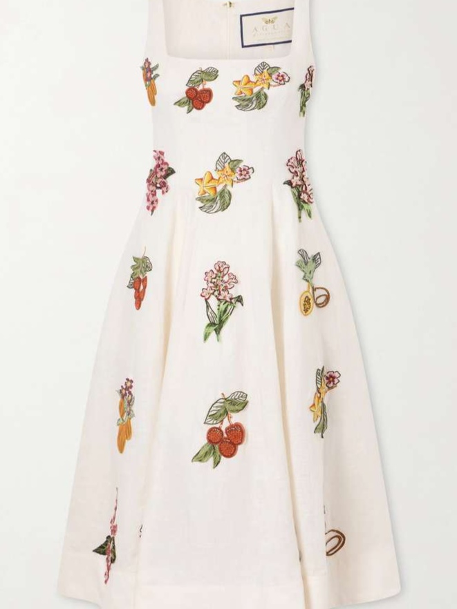 Frontera embellished floral-appliqué linen midi dress