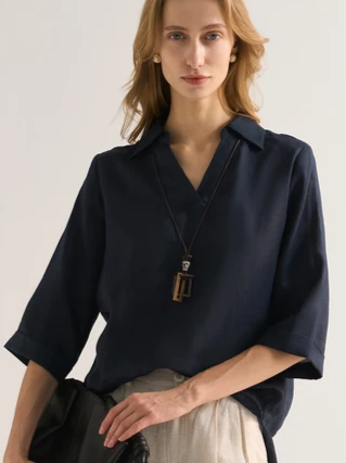 Leisure 100% Linen Open-Collar 3/4-Sleeve Shirt
