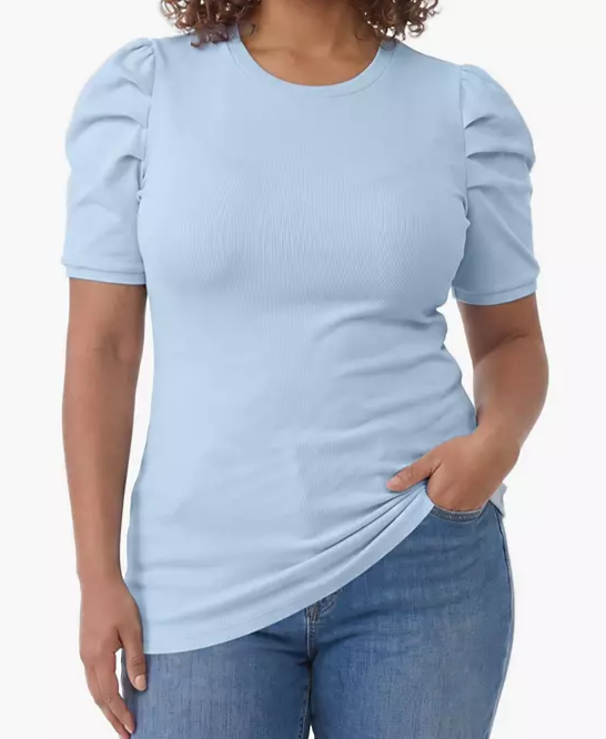 Plus Size Belle Isle Short-Puff Sleeves Ruched Cotton-Blend T-Shirt