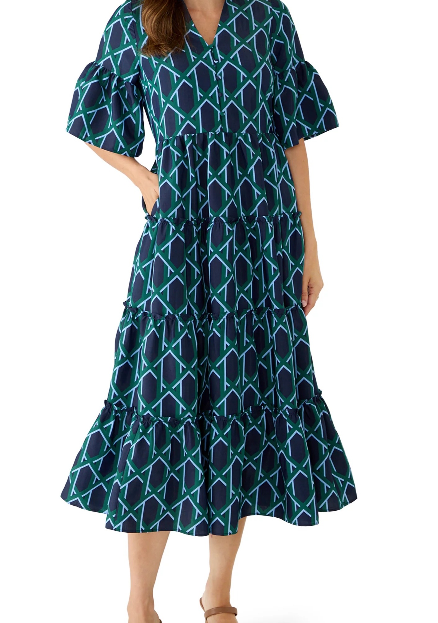 BELK CROWN & IVY WOMEN'S ELBOW SLEEVE MULTI-TIERED MIDI DRESS