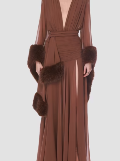 Silk & Faux-Fur Self-Belt Gown