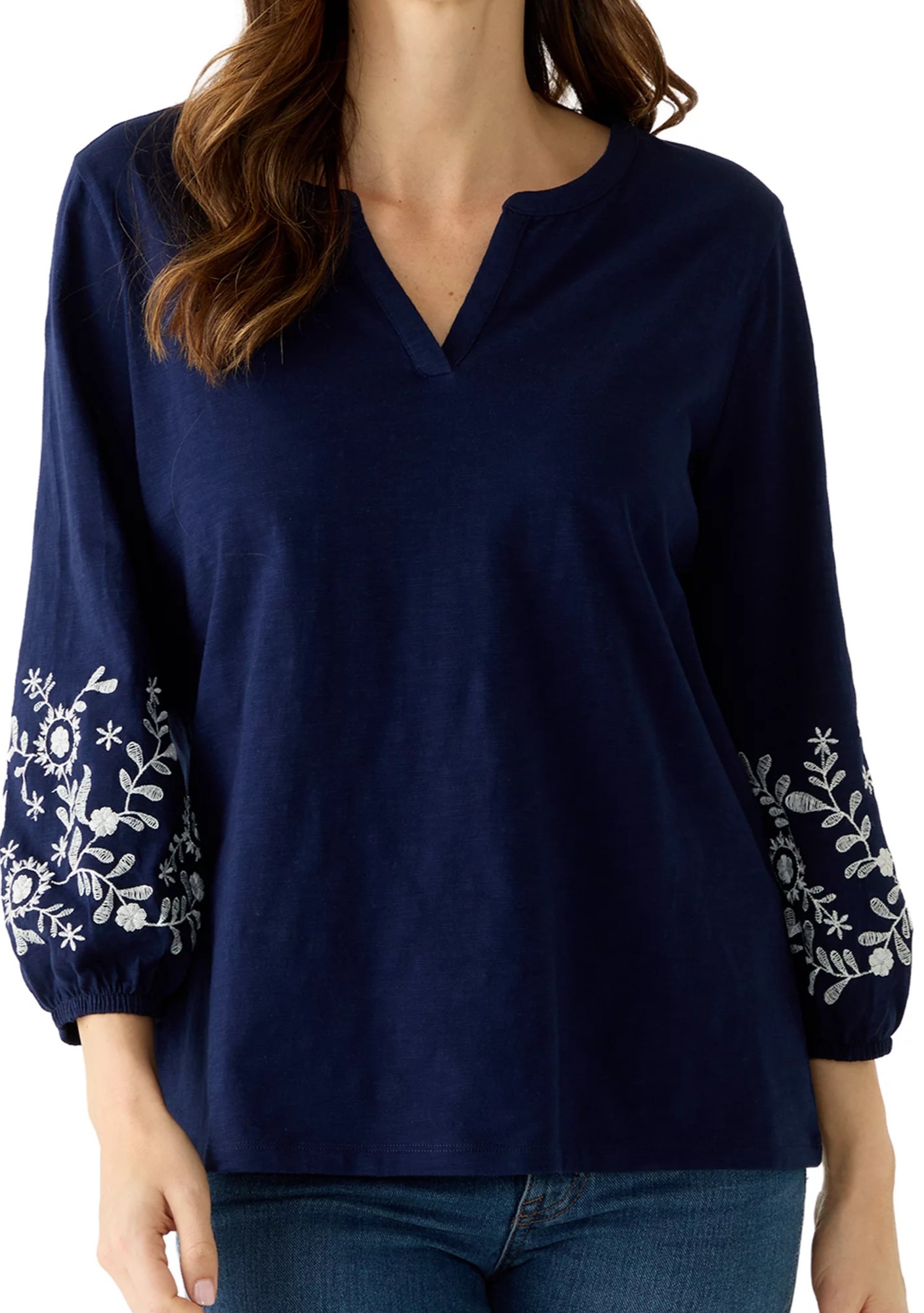 BELK KIM ROGERS WOMEN'S 3/4 SPLIT NECK EMBROIDERED TOP