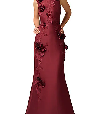 Aidan Mattox Stretch Mikado Satin 3d Floral Appliques Crew Neck Sleeveless Long Dress
