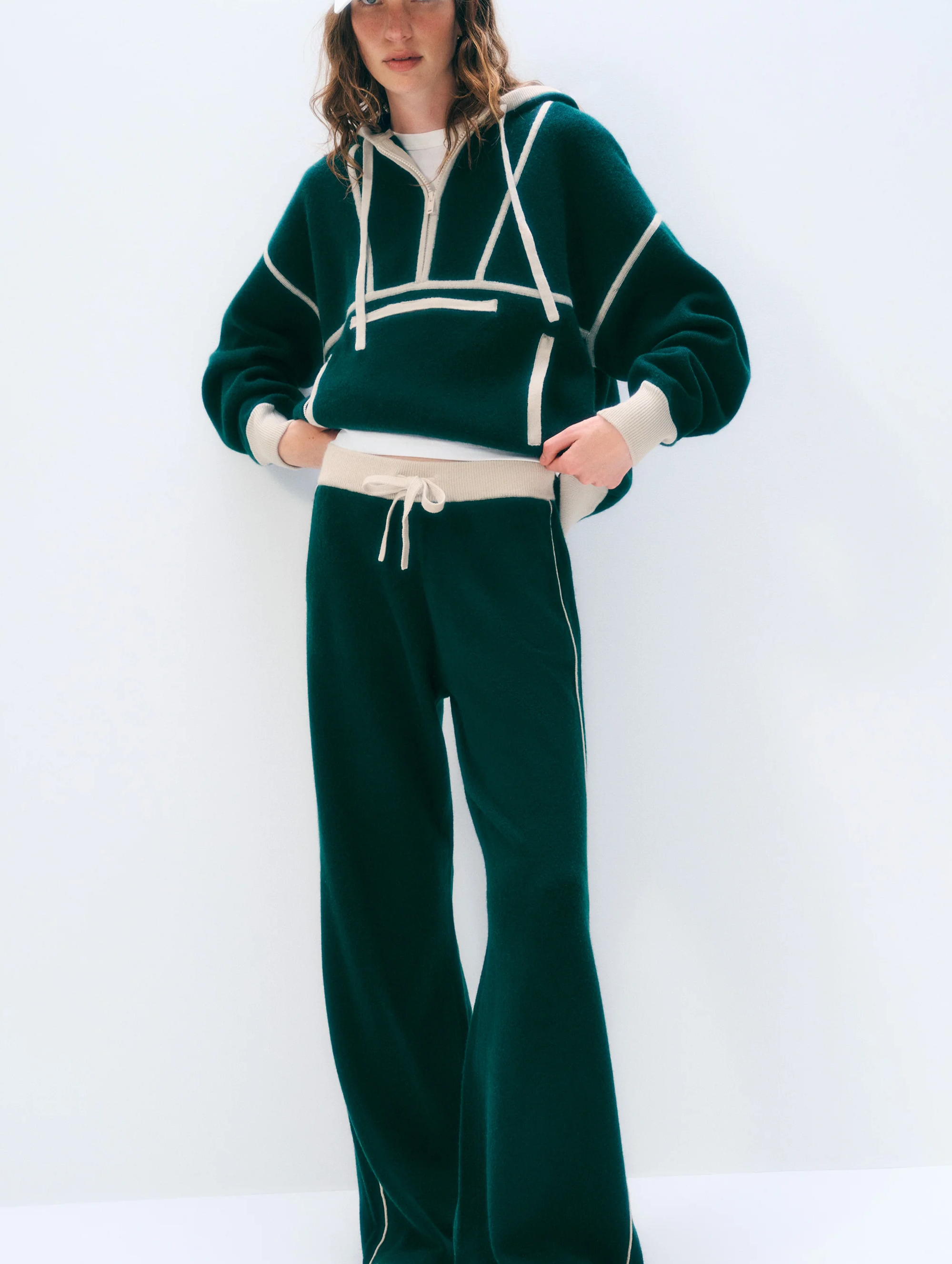 Cashmere Blend Track Pant | Dark Emerald/ Ivory