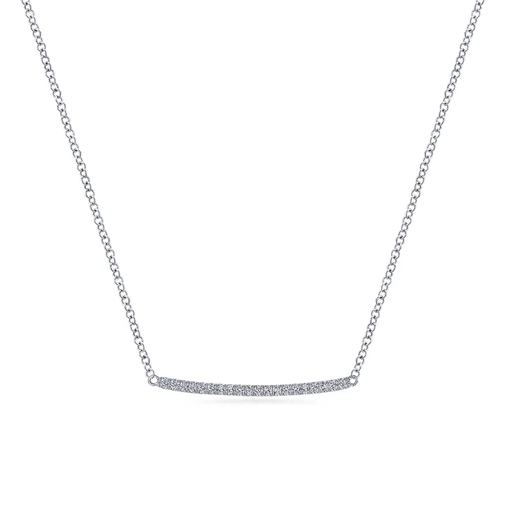 14K White Gold Curved Pave Diamond Bar Necklace