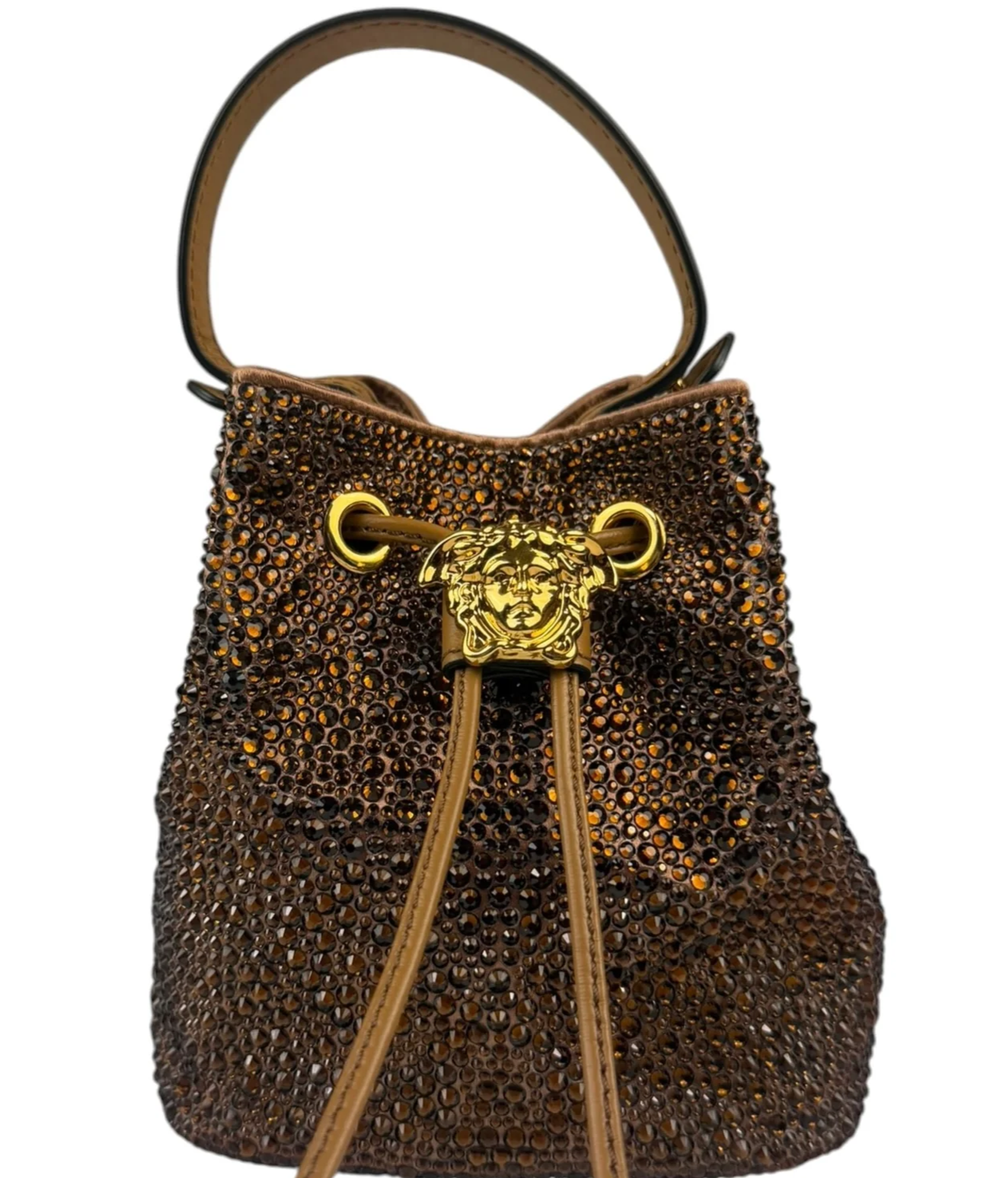 Versace La Medusa Brown Satin Crystal Embellished Mini Bucket Bag