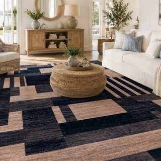 WAYFAIR COLOR BLOCK BLACK MACHINE WASHABLE NON-SLIP BACKING AREA RUG
