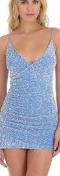 Women's Blue Iridescent Sequin Velvet Bodycon Cocktail Party Mini Dress: Tight Fit, V-Neck with Side Slit
