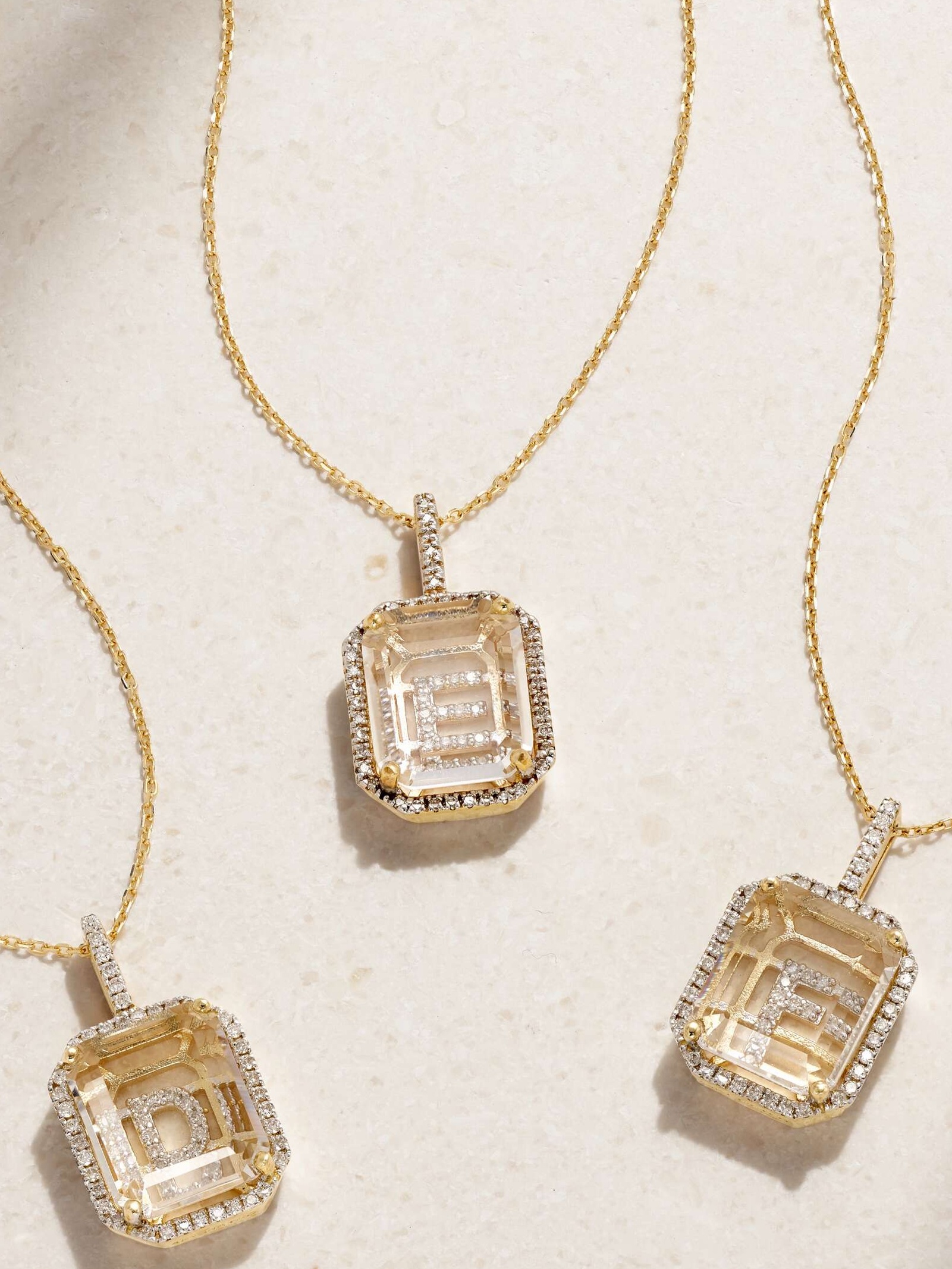 Initial 14-karat gold, quartz and diamond necklace