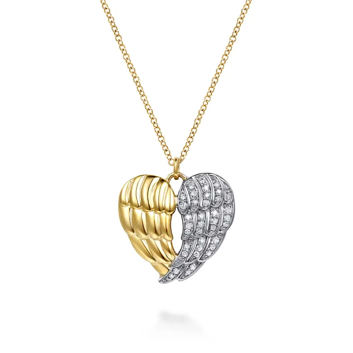 HEART - 14K White Yellow Gold Diamond Heart Angel Wing Pendant Necklace
