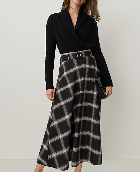 Plaid Belted Full Midi Skirt