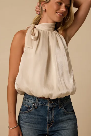 Kasen Cream Tie-Neck Bubble Hem Top