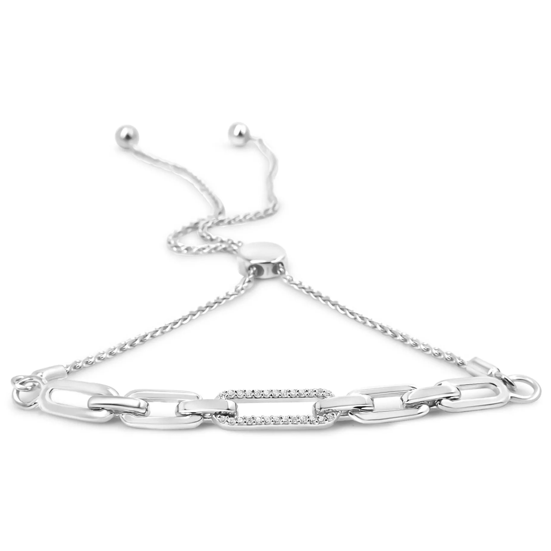 Silver 1/10 Cttw Diamond Paperclip Link Adjustable Bolo Bracelet