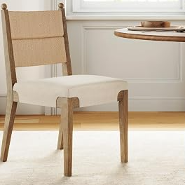 Nathan James Cove Boho Solid Wood Dining Chair with Woven Seagrass Back and Upholstered Seat, Flax/Light Brown