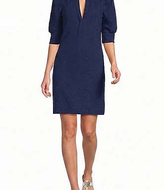 Elsy Jacquard Puckered Knit Ruffle Mock Neck Elbow Puff Sleeve A-Line Dress