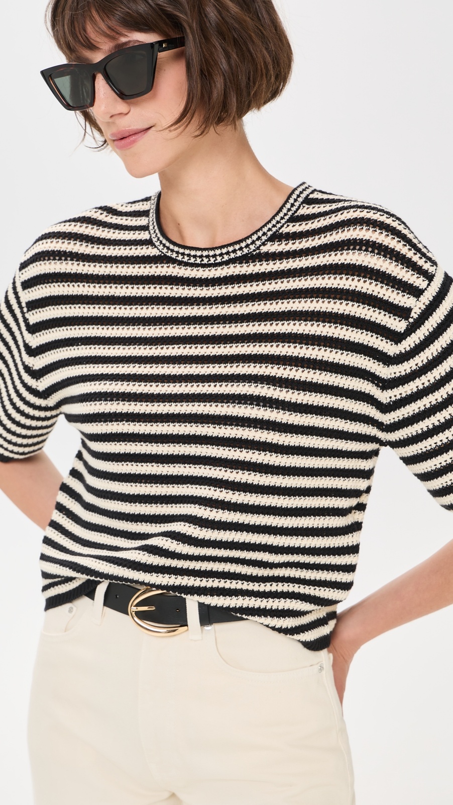 ANINE BING Theo Striped Short Sleeve Sweater