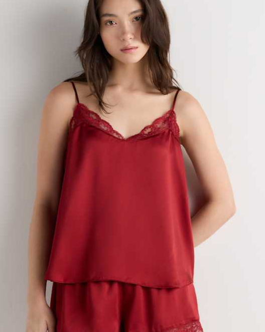 Clay Red 100% Washable Silk Satin Lace Cami Pajama Top