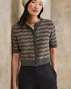 Lilla P Short-Sleeve Crewneck Cardigan